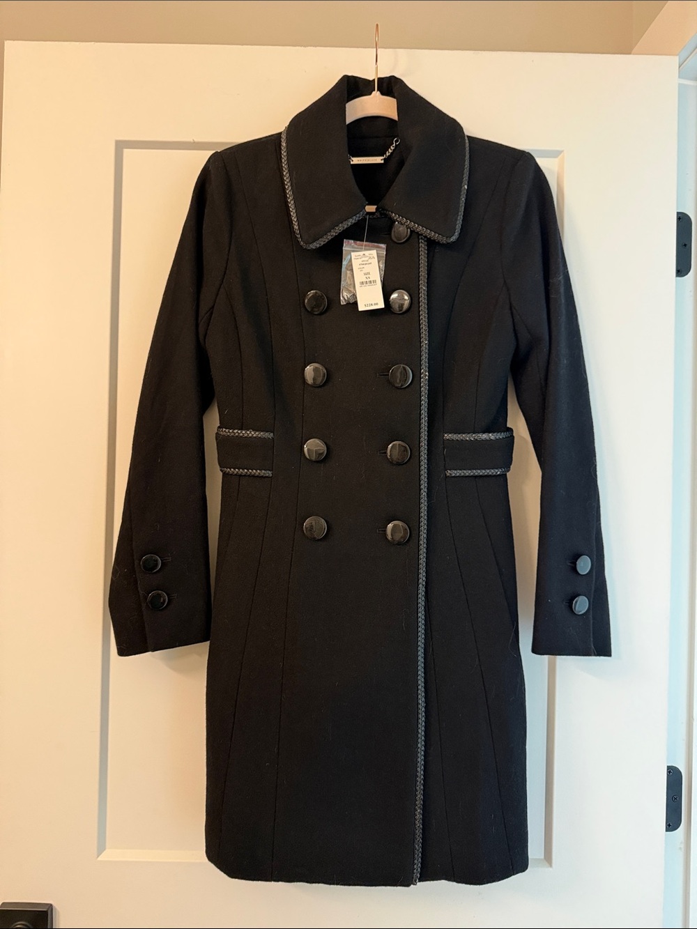 White House Black Market Black Double-Breasted Pea Coat with Braided Trim